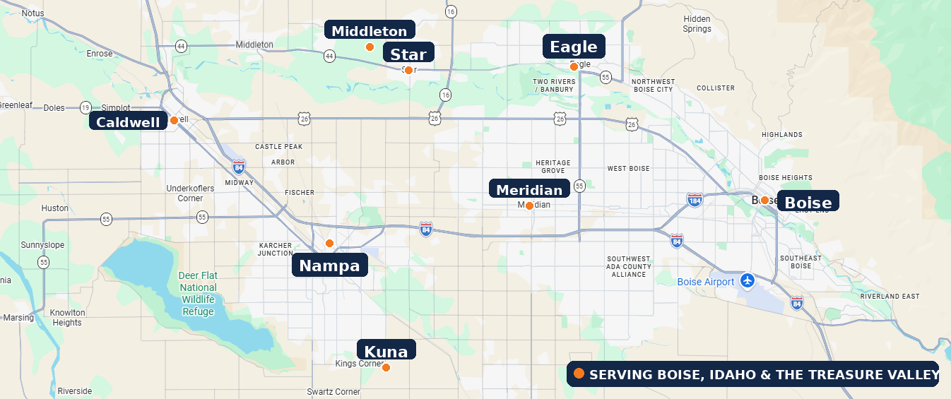 Map of Treasure Valley service area including Boise, Meridian, Nampa, Caldwell, Eagle, Kuna, Star, and Middleton